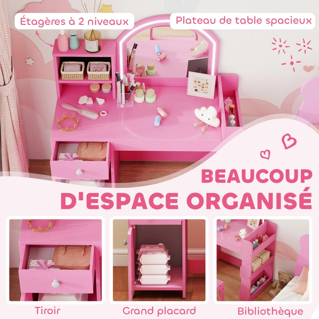 Tavolo da trucco bambini con sgabello e specchio LED ¨C zephmum ¨C rosa 88,6x38,8x96,9 cm
