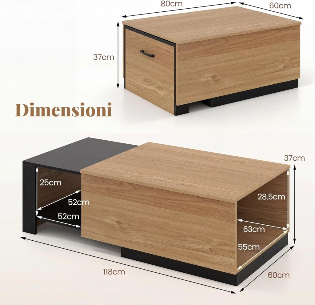 Tavolino da Caffè Allungabile, Tavolino da Soggiorno Salvaspazio con 2 Vani Portaoggetti e Piano Scorrevole, Tavolo Basso Rettangolare in Legno per Salotto e Ingresso, 118 x 60 x 37 cm