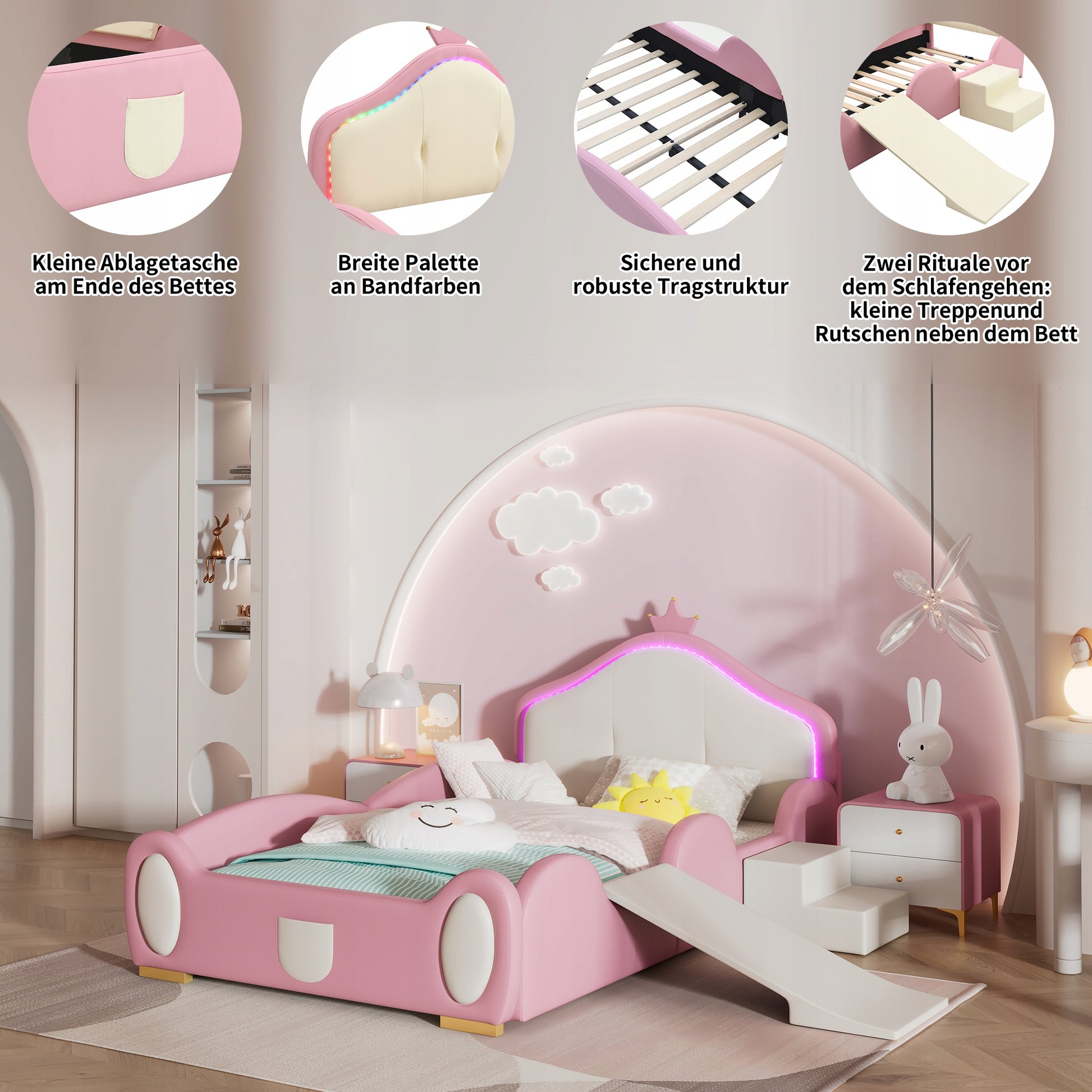 Letto a castello con scivolo LED - Xylo - 90x200cm - Rosa+Beige