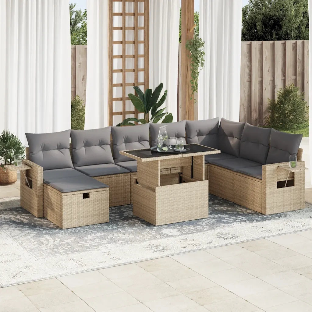 Set Divano da Giardino 9 pz con Cuscini Beige in Polyrattan
