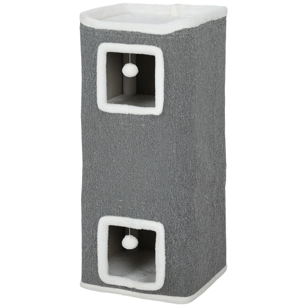 Torre per Gatti con Casette e Palline ¨C zephmum ¨C Legno, Tessuto, 41x41x100 cm, Grigio Bianco