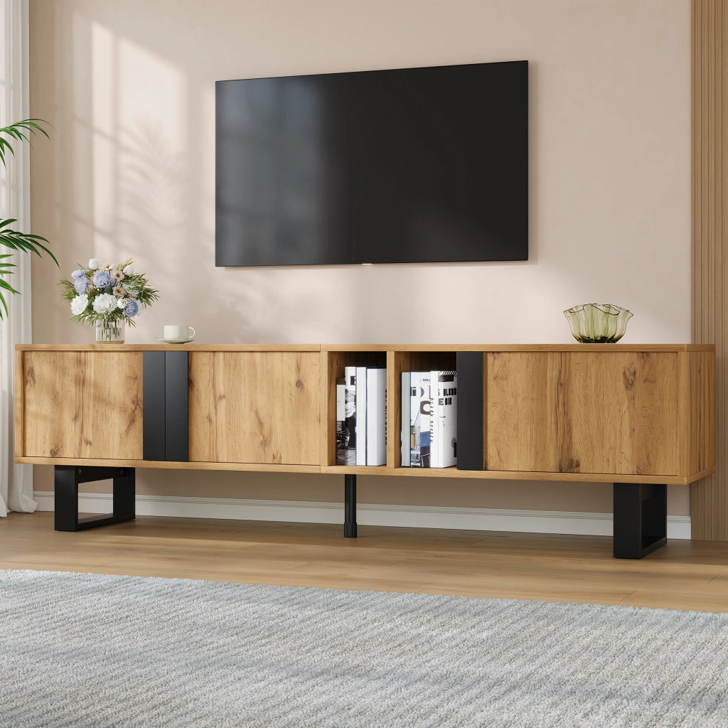 Mobile TV con 3 ante; 2 vani aperti e passacavi; per soggiorno; in legno naturale; 160 × 40 × 50 cm