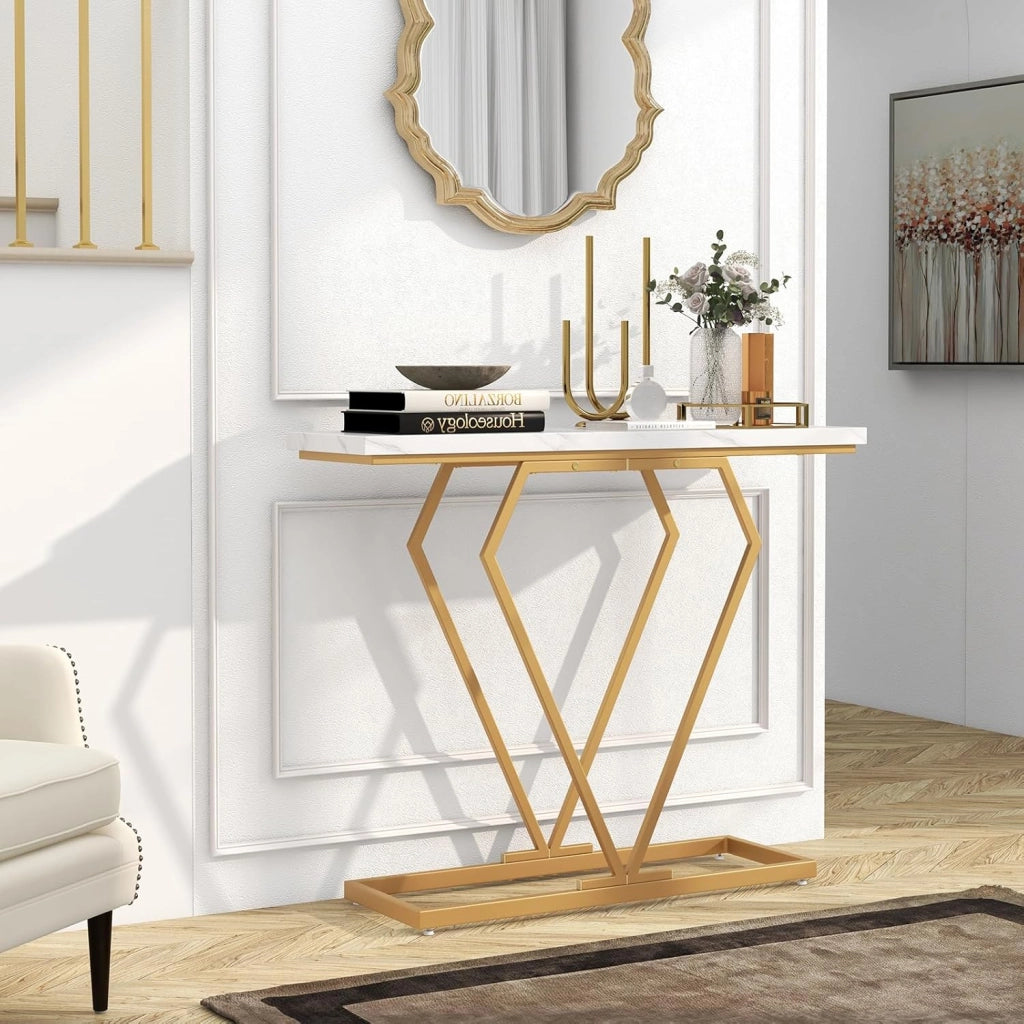 Tavolo consolle da ingresso, 100 x 29,5 x 80 cm, superficie in marmo artificiale e gambe metalliche, tavolo stretto per dietro il divano, tavolo rettangolare per lobby, soggiorno