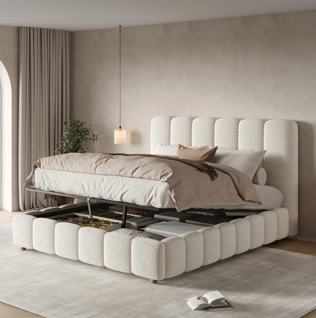 Letto matrimoniale 140x200 cm con contenitore idraulico e rete a doghe; bouclé bianco