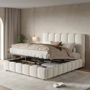 Letto matrimoniale 140x200 cm con contenitore idraulico e rete a doghe; bouclé bianco