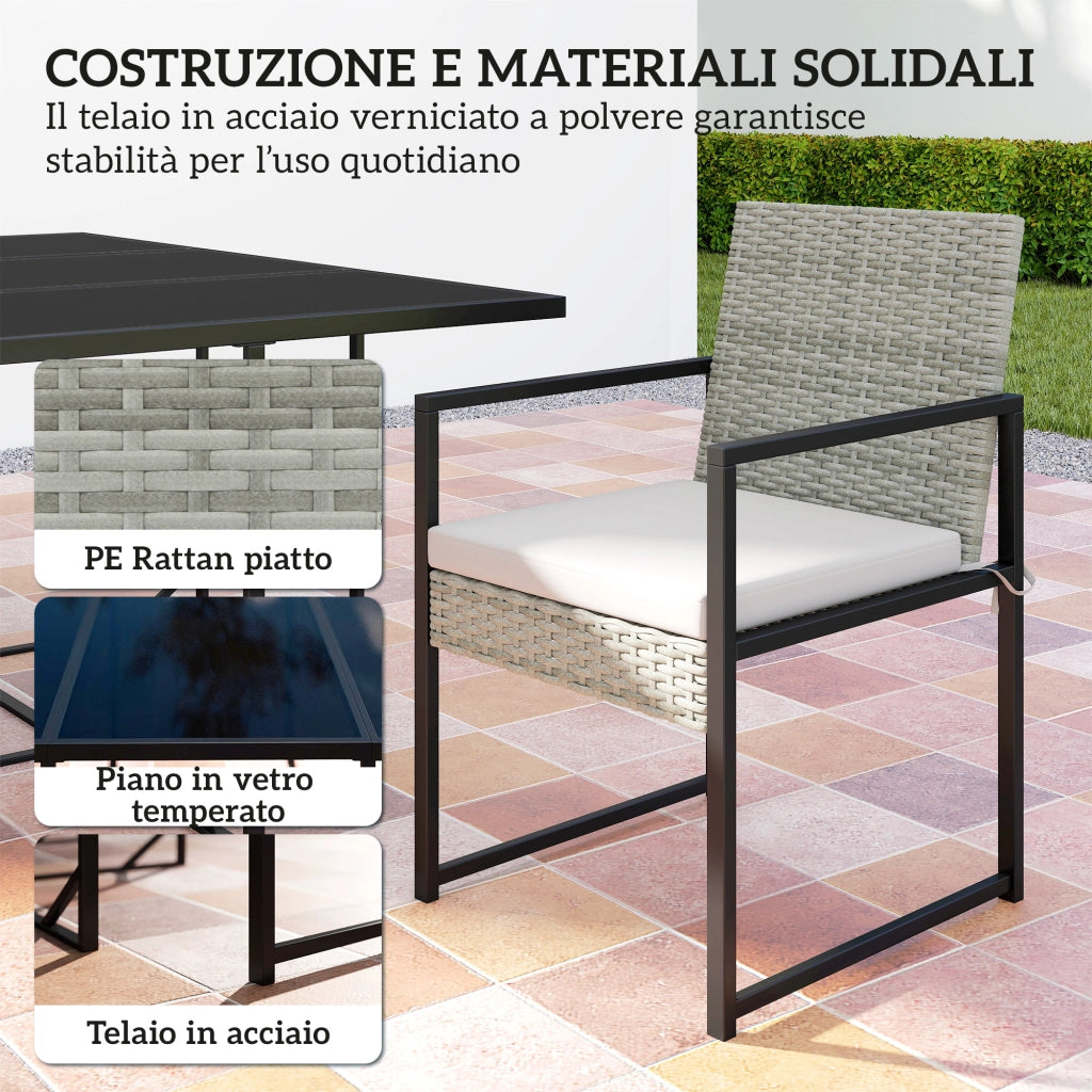 Set Pranzo Patio 11 Pezzi, Mobili Esterno Con 6 Poltrone, 4 Pouf, Grigio