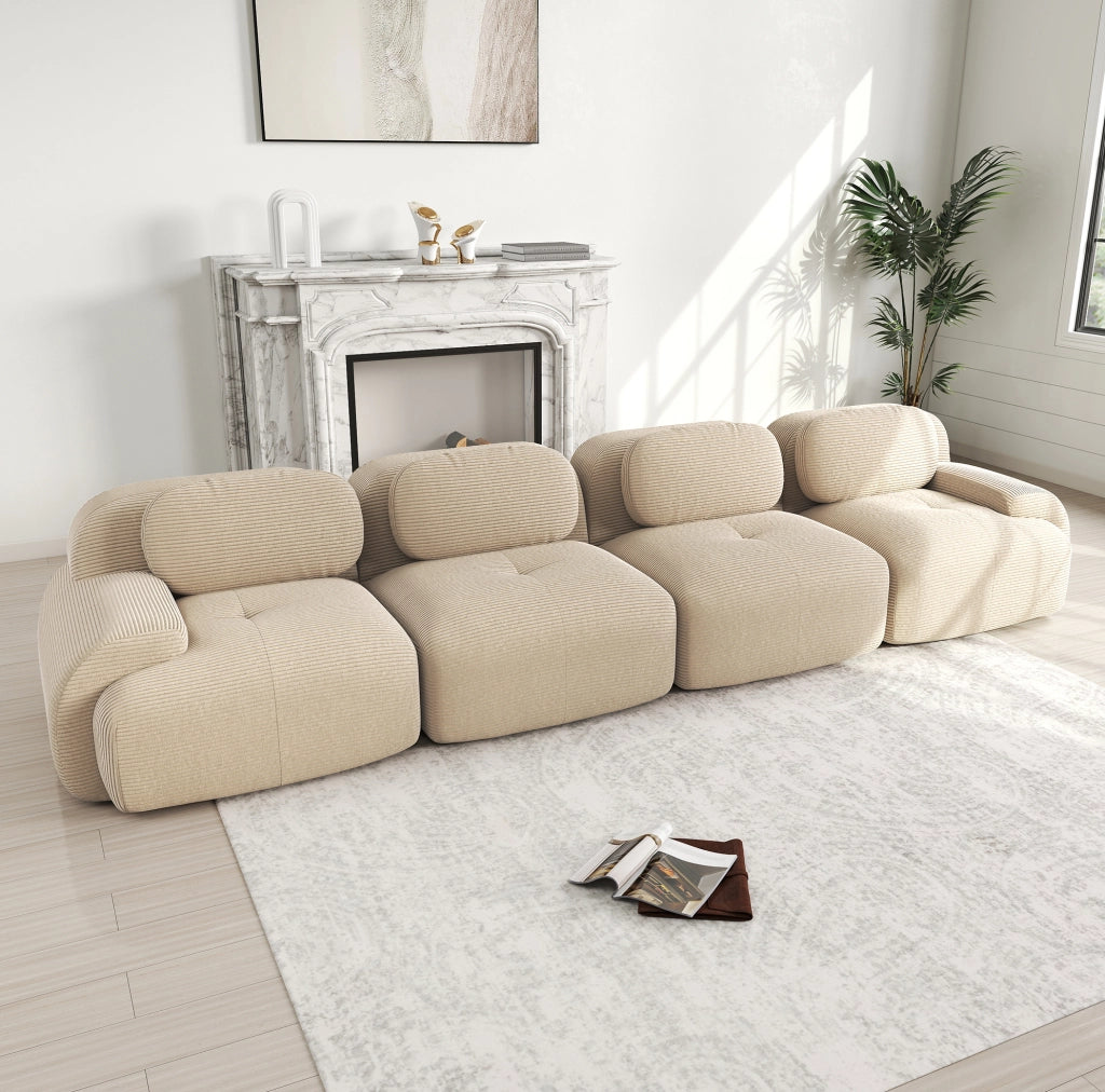 Divano angolare modulare 4 posti 388x103x70 cm in tessuto a coste beige