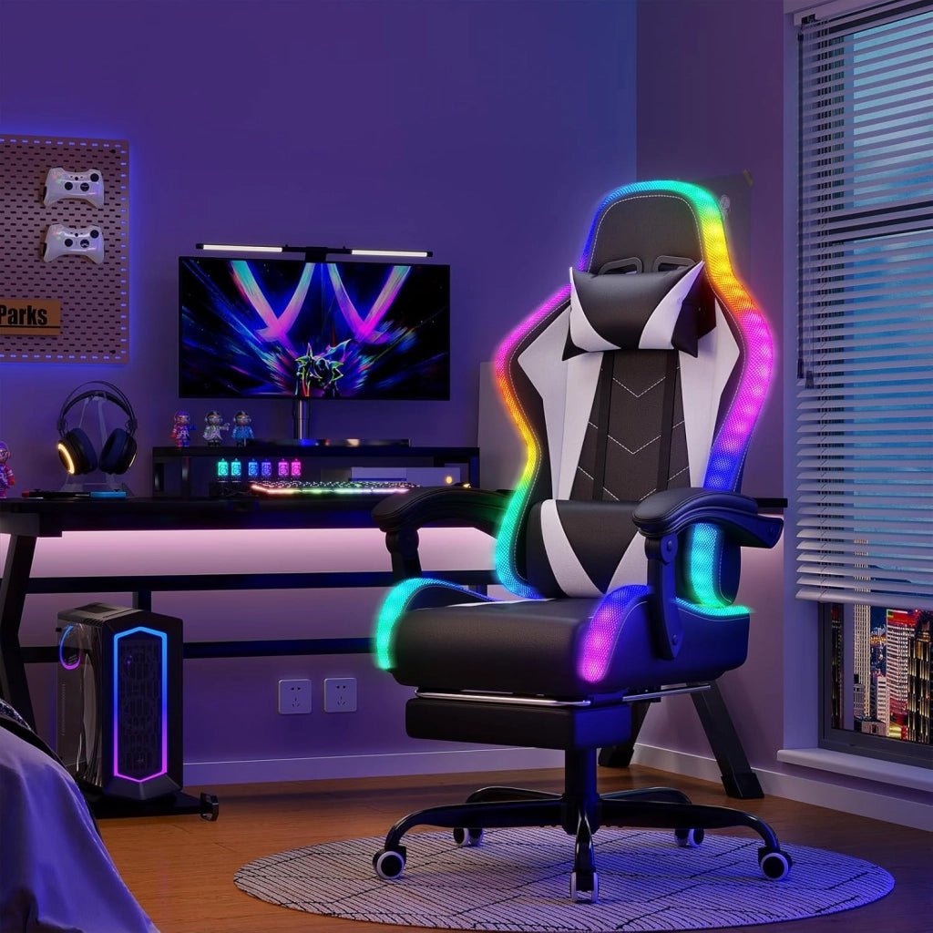 Sedia da Gaming con Massaggiante Schienale Regolabile 90-135°, Sedia Gaming con LED e Poggiapiedi Telescopico,Poltrona Gaming Ergonomica Portata 150 kg (Bianca)