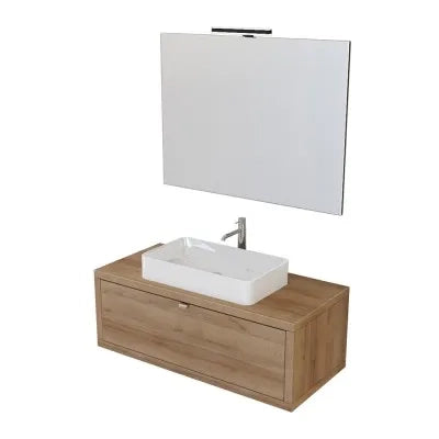 Mobile bagno sospeso 110 cm rovere miele con lavabo da appoggio e specchio Master