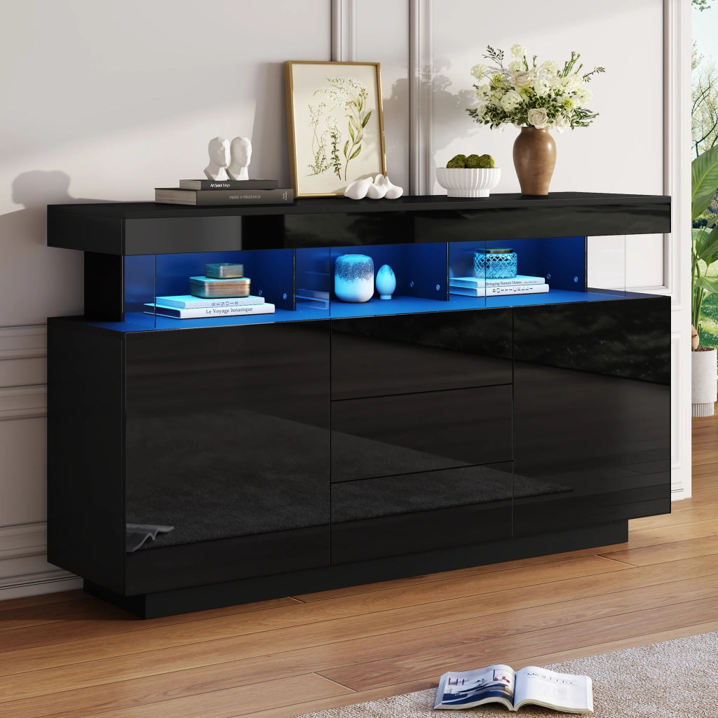 Madia con 3 cassetti; 2 ante e LED - per soggiorno - 140 x 35 x 80 cm - nera