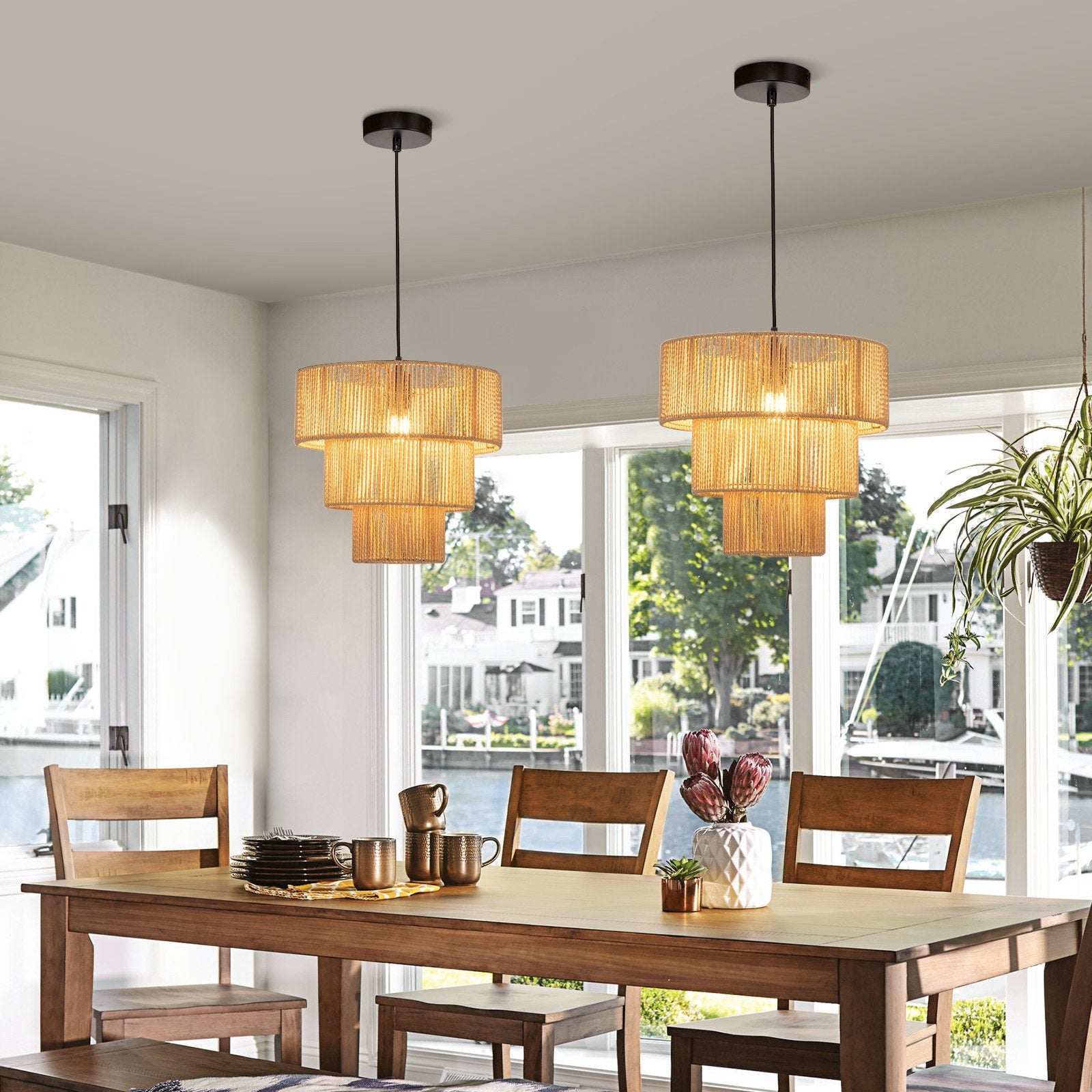 Lampada a sospensione ZMH per sala da pranzo 1 fiamma in rattan beige stile boho per bar e ristoranti
