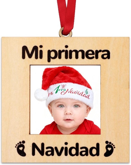 Fotolijst in legno - Dimensioni 5,5x5,5 cm - Primo Natale - Regalo - Decorazione - Spazio per nome/messaggio - Ornamento natalizio