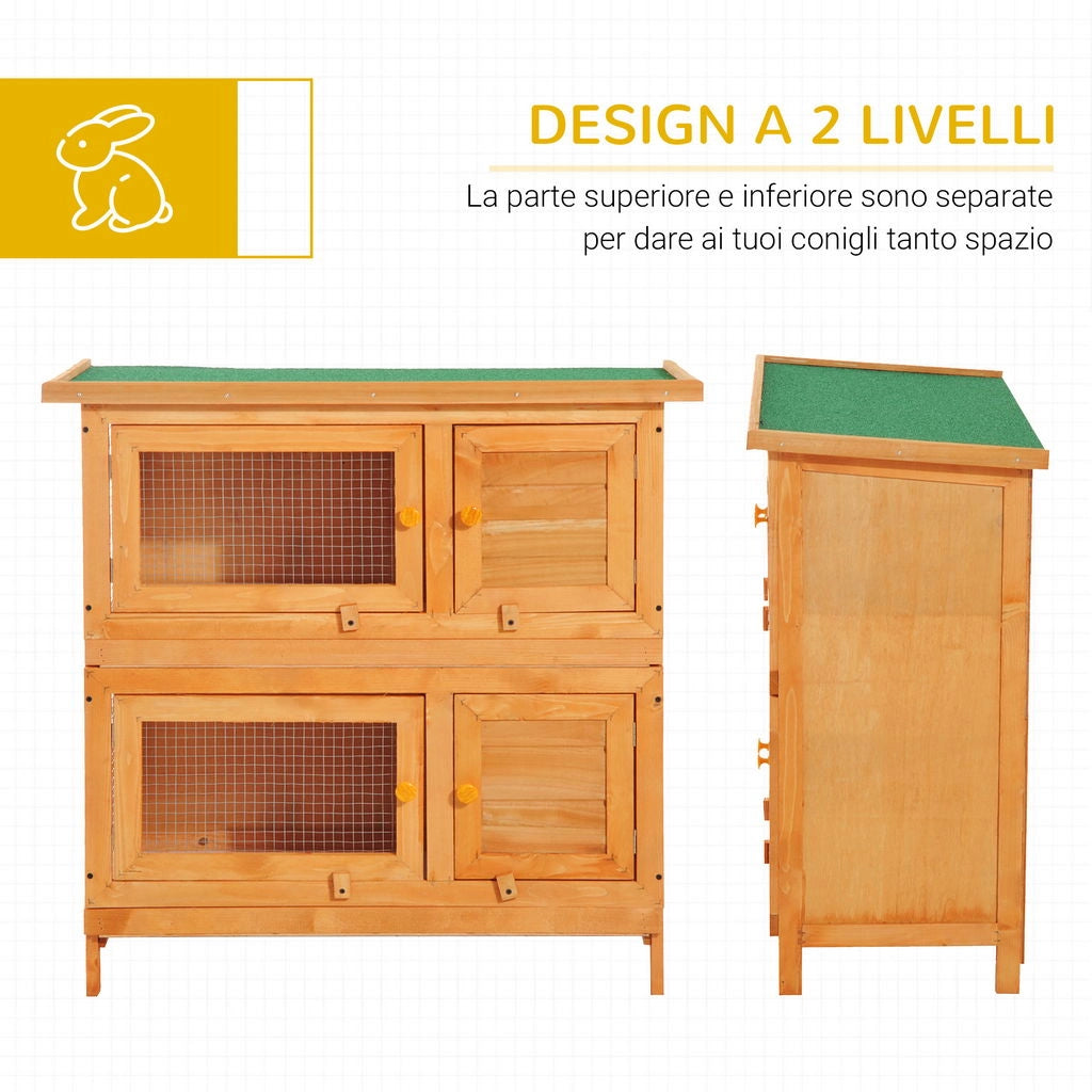 GABBIA A DUE PIANI PER CONIGLI, CONIGLIERA DA ESTERNO IN LEGNO DI ABETE, 90X45X90 CM, LEGNO E VERDE