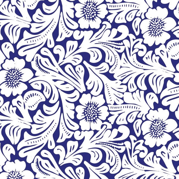 FIORI SU FONDO BLU - Pellicola stampata adesiva in PVC finitura opaca Misura: 100x500 cm