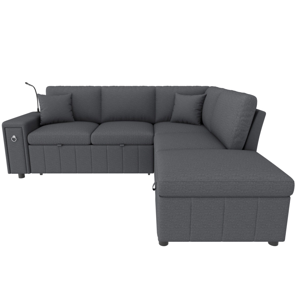 Divano angolare modulare 5 posti con letto estraibile; pouf contenitore; USB e Type-C; grigio