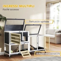 Conigliera a 2 Livelli con Rampa e 3 Vassoi, in Legno di Abete e Acciaio, 147x45x89.5 cm, Grigio e Bianco