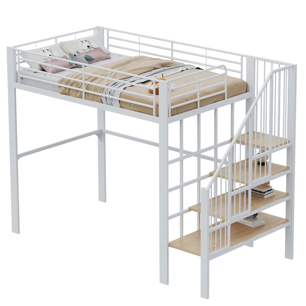 Letto a soppalco 140x200 cm in metallo e legno con scala e vano contenitore; bianco