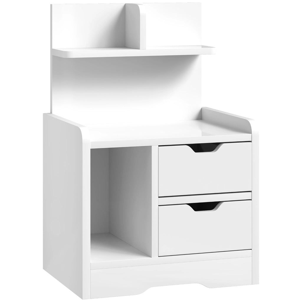 Comodino 40x30x60 cm con 2 Cassetti e Mensole Portaoggetti in Legno Bianco Lucido
