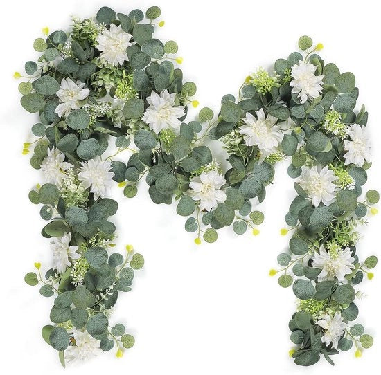 Slinga artificiale da 18m a fiori di eucalipto - bianca dalia - verde natalizio - tavolo da festa per matrimoni - festa a casa - camino aperto