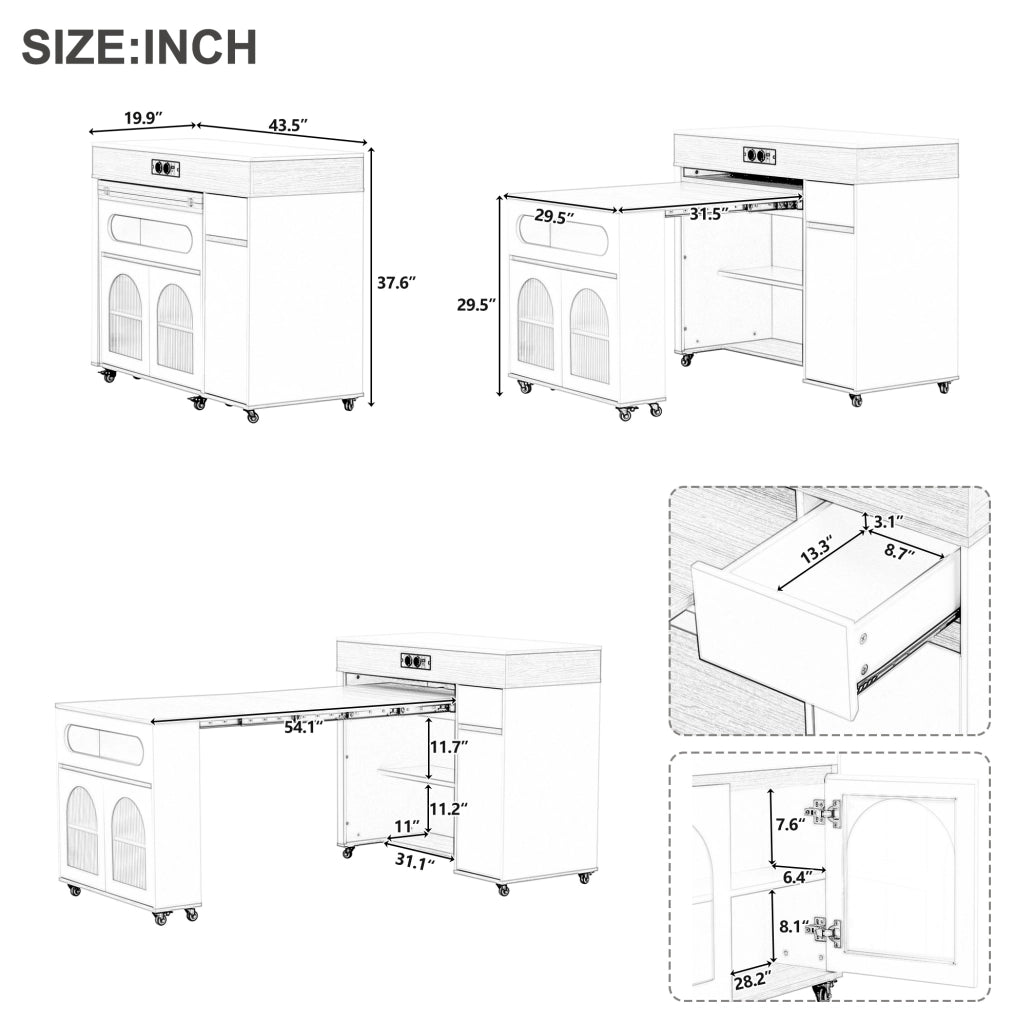 Mobile cucina estensibile nero con prese integrate e ruote