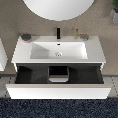 Mobile bagno sospeso 100 cm bianco opaco con lavabo e specchio tondo Master
