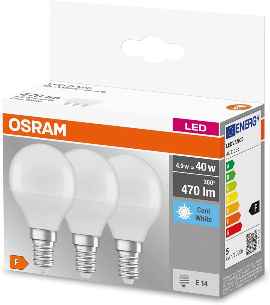 Osram LED BASE CLASSIC P Lampadina LED E14 5,5W 470lm 4000K Bianco Freddo Smerigliata Confezione 3 pezzi
