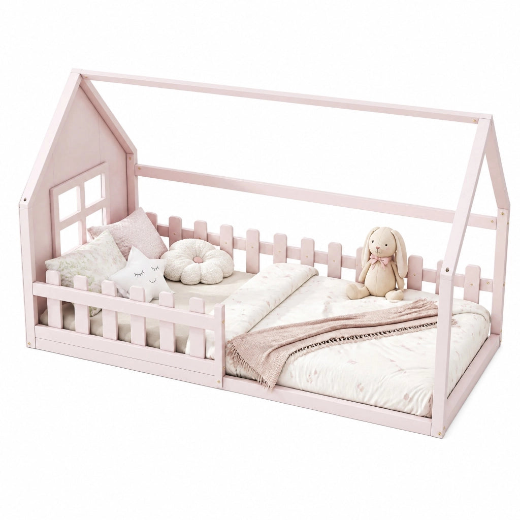 Letto per bambini 90x200cm in pino e MDF, design a casetta rosa