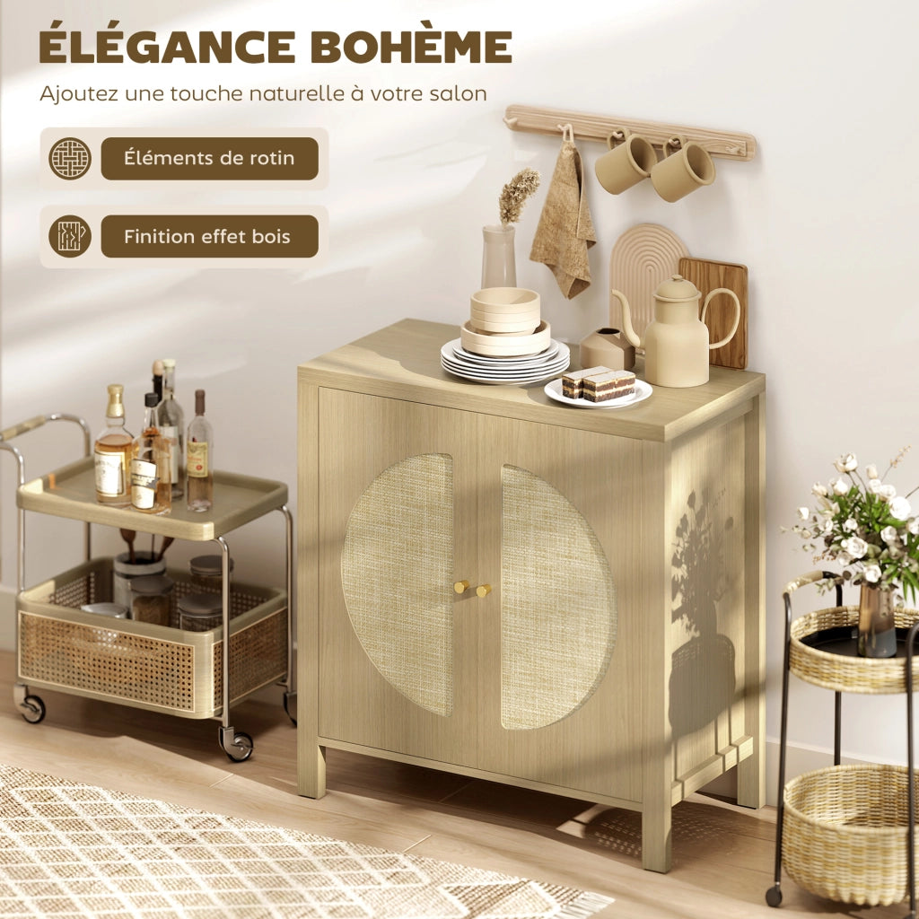 Credenza con 2 ante effetto rotin e ripiano regolabile ¨C zephmum ¨C 75x38x77 cm, legno naturale