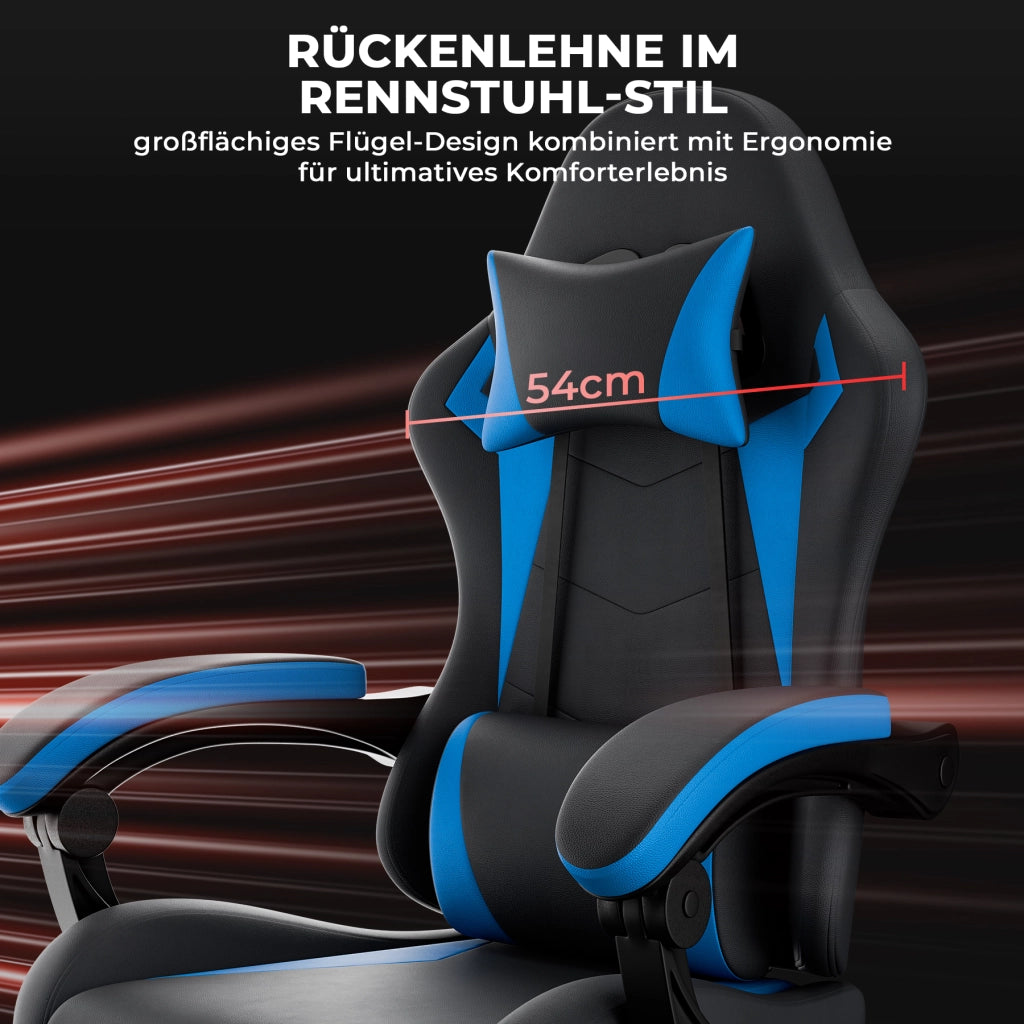 Sedia da gaming ergonomica con supporto lombare, poggiatesta, braccioli collegati e ruote silenziose in PVC nero e blu
