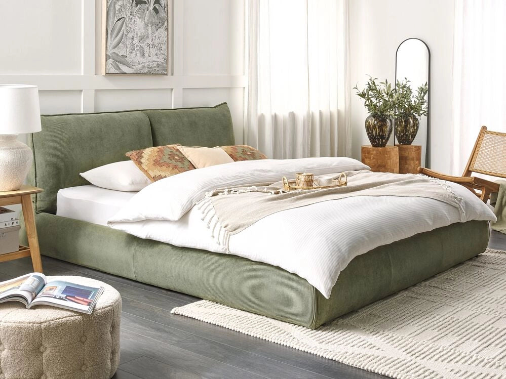Letto ad acqua EU King Size Verde Oliva Velluto a Coste 180 x 200 cm con materasso con spessa testata imbottita e pediera Camera da letto in stile moderno