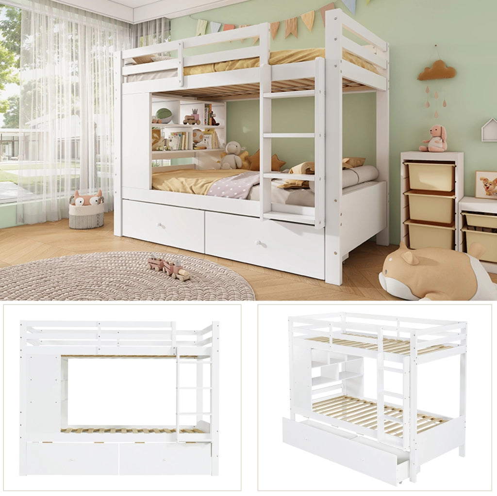 Letto a castello bianco 90x200 cm in legno con cassetti e ripiano