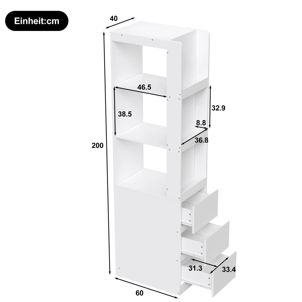 Libreria stretta salvaspazio con 3 vani aperti e 3 cassetti reversibile in truciolato bianco 60 × 40 × 200 cm
