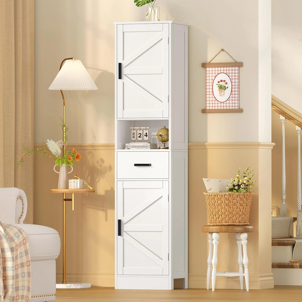 Mobiletto Bagno Salvaspazio con Ante Regolabili, Mobile Bagno Alto con 2 Ante e 1 Cassetto, Colonna Bagno con Ripiani Regolabili, Mobiletto compatto da terra, Bianco 40x30x170cm