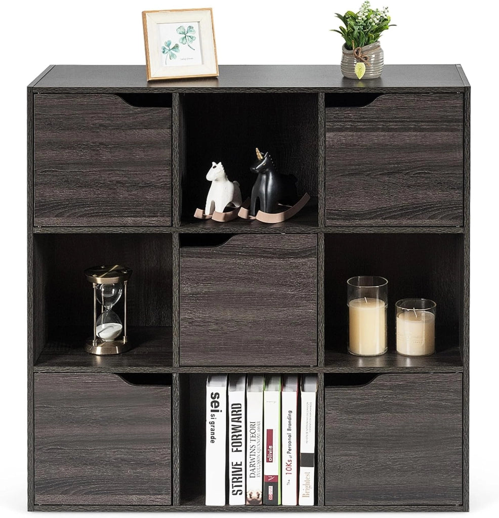 Scaffale Portaoggetti Guardaroba Mensola Libreria in Legno Mobile con 9 Cubi, Scaffale Cubo Porta Libri (Grigio-Marrone)
