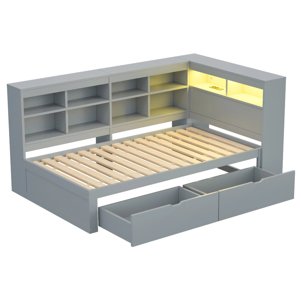Letto singolo 90x200 cm con cassetti, USB e LED in pino, compensato e MDF grigio