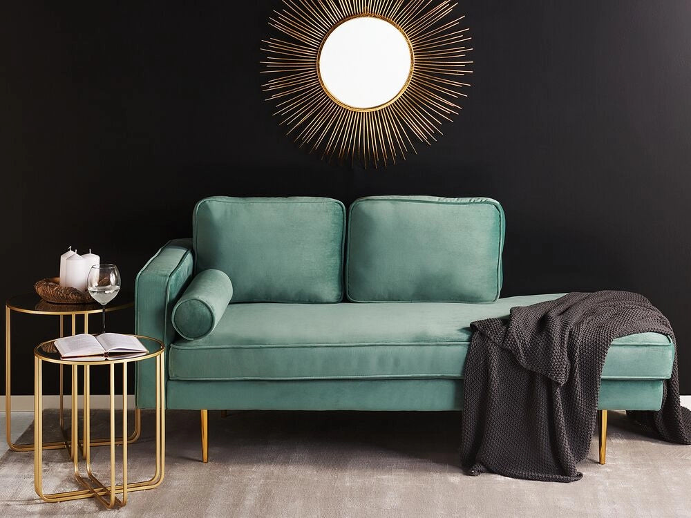 Chaise longue Verde Menta Velluto Imbottito Orientamento versione sinistra Gambe In Metallo Rafforzamento Cuscino Design Moderno