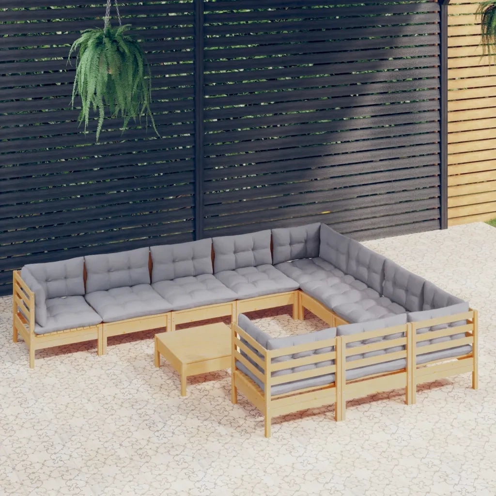 Set Divani da Giardino 11 pz con Cuscini Grigi Massello di Pino 3097000