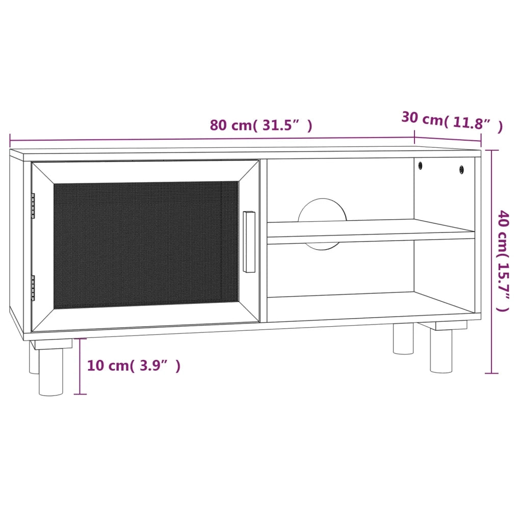 Mobile TV Bianco 80x30x40 cm Massello Pino e Rattan Naturale