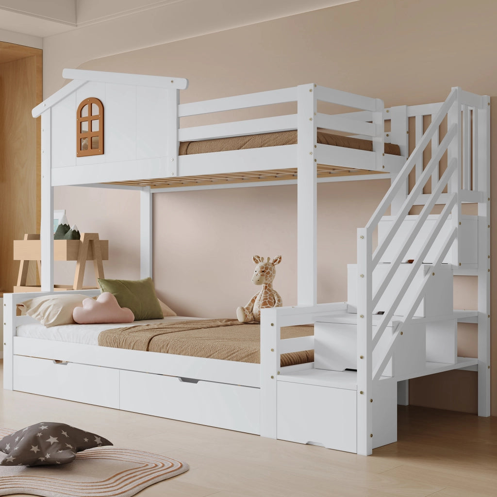LETTO A CASTELLO Per bambini con 2 cassetti 90x200 cm Bianco/Naturale