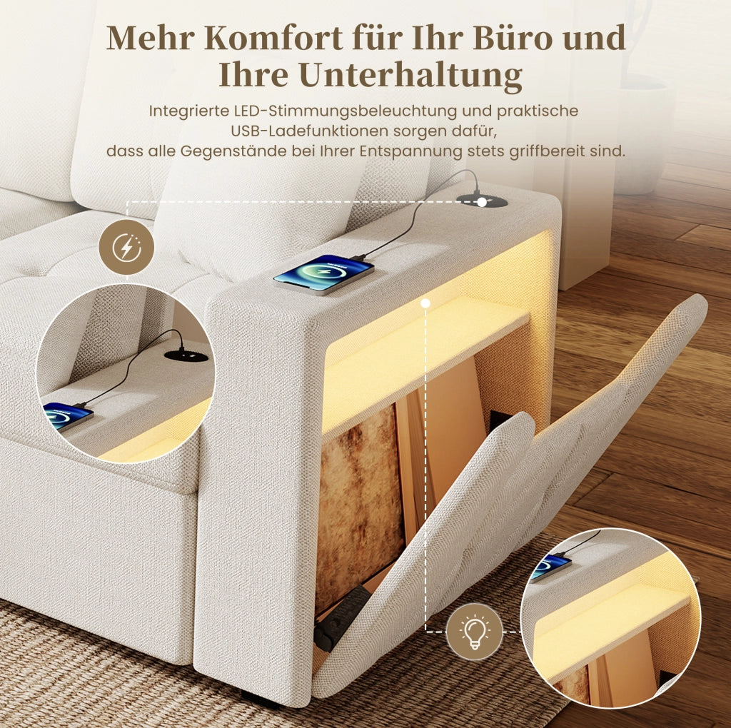 Divano modulare 4 posti beige con pouf contenitore, LED e USB-C