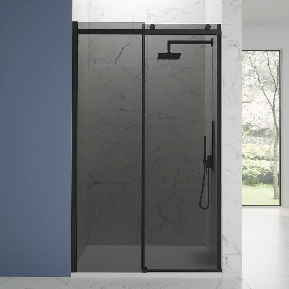 Porta doccia 100cm apertura scorrevole profili nero opaco vetro 8mm fumé h195 | Creta