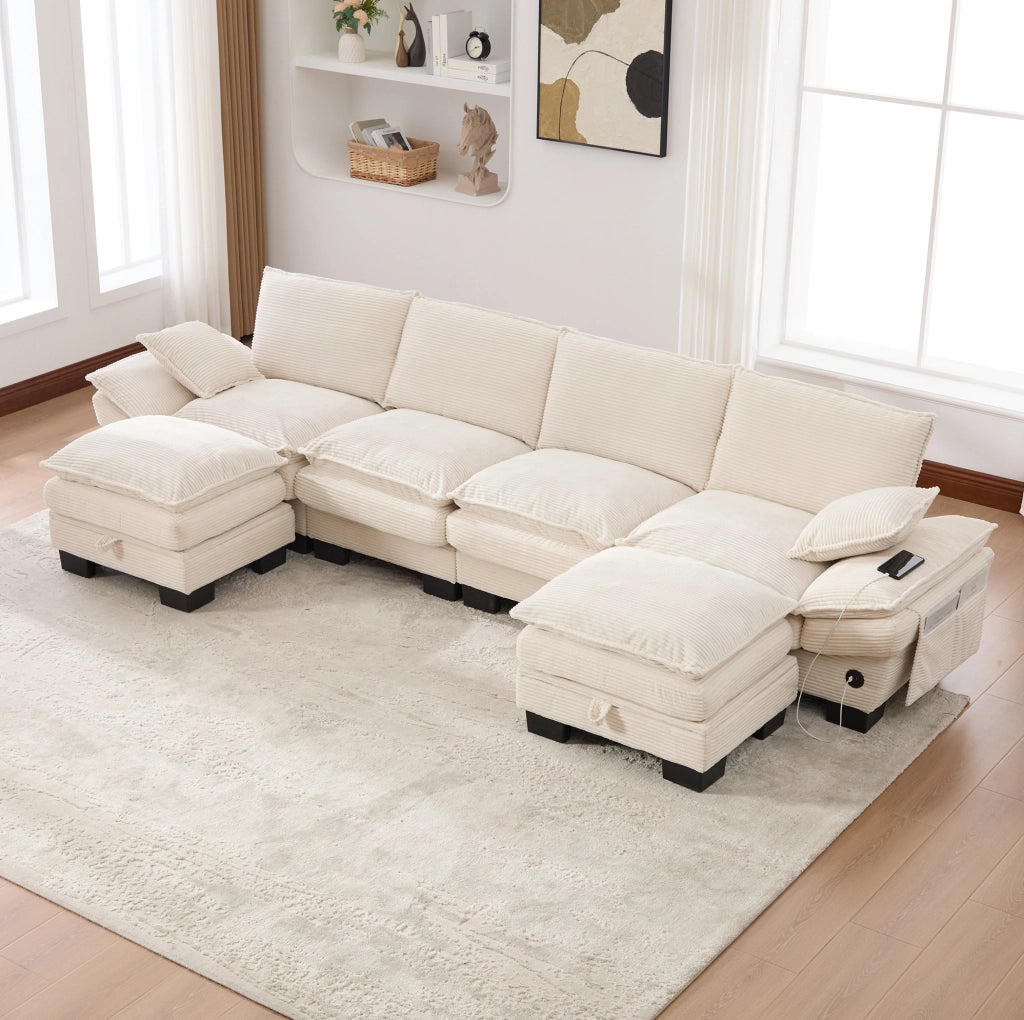 Divano modulare 4 posti in corduroy beige con 2 pouf; USB-C e tasche laterali 330 cm