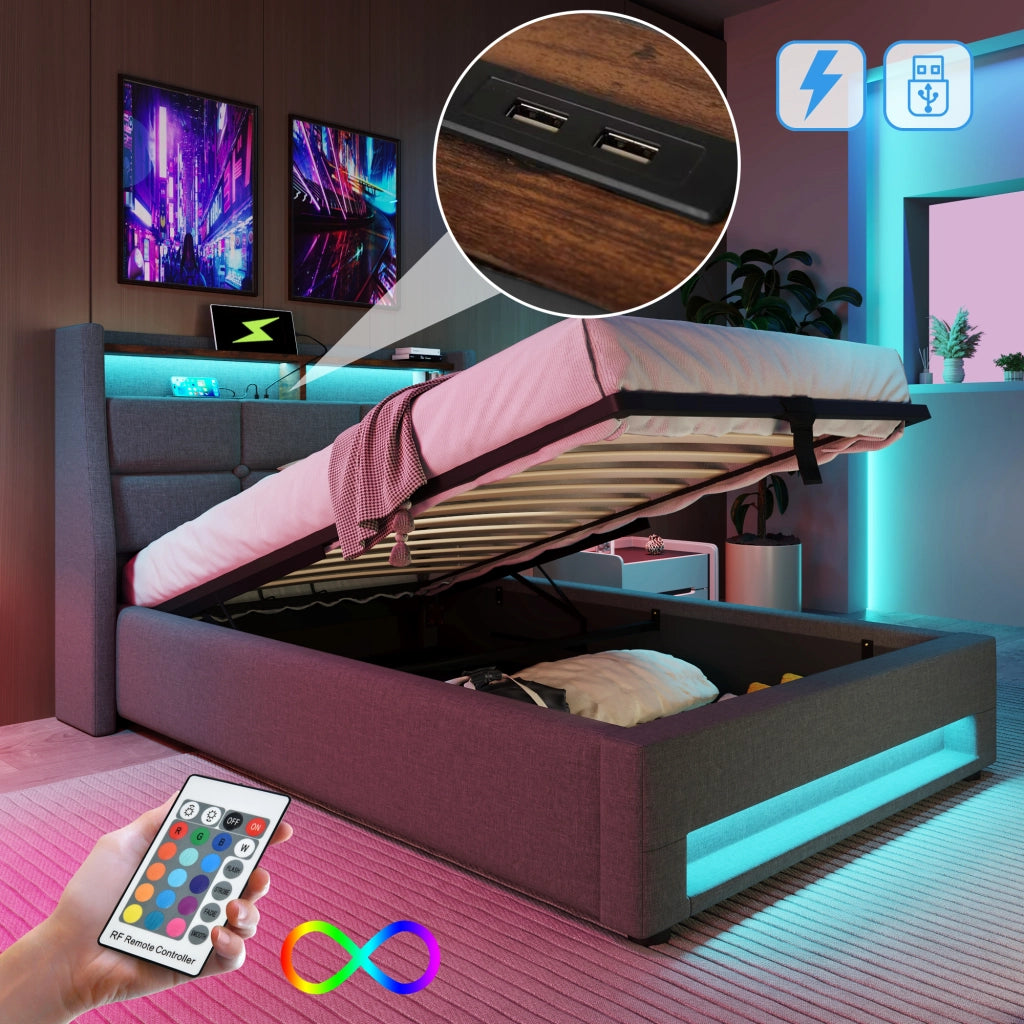 Letto singolo 90 × 200 cm con LED, USB, contenitore sollevabile, materasso incluso, grigio