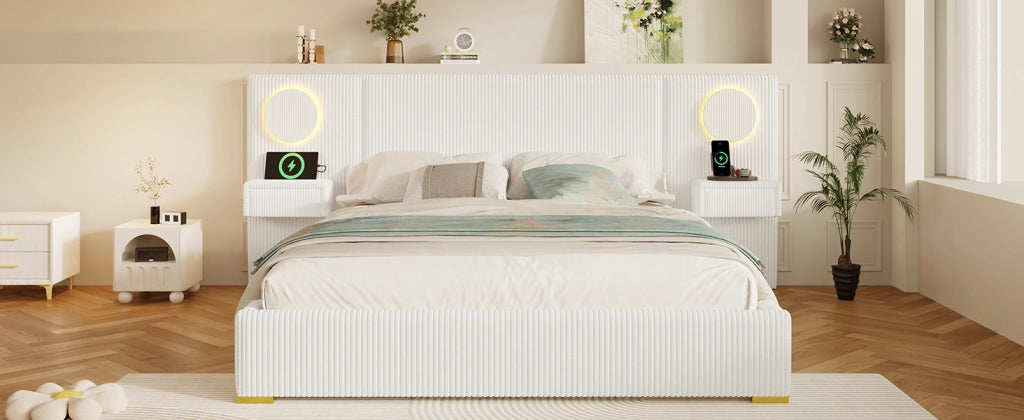 Letto matrimoniale 180 × 200 cm con testiera LED, porte USB e comodini con cassetti, senza materasso, beige