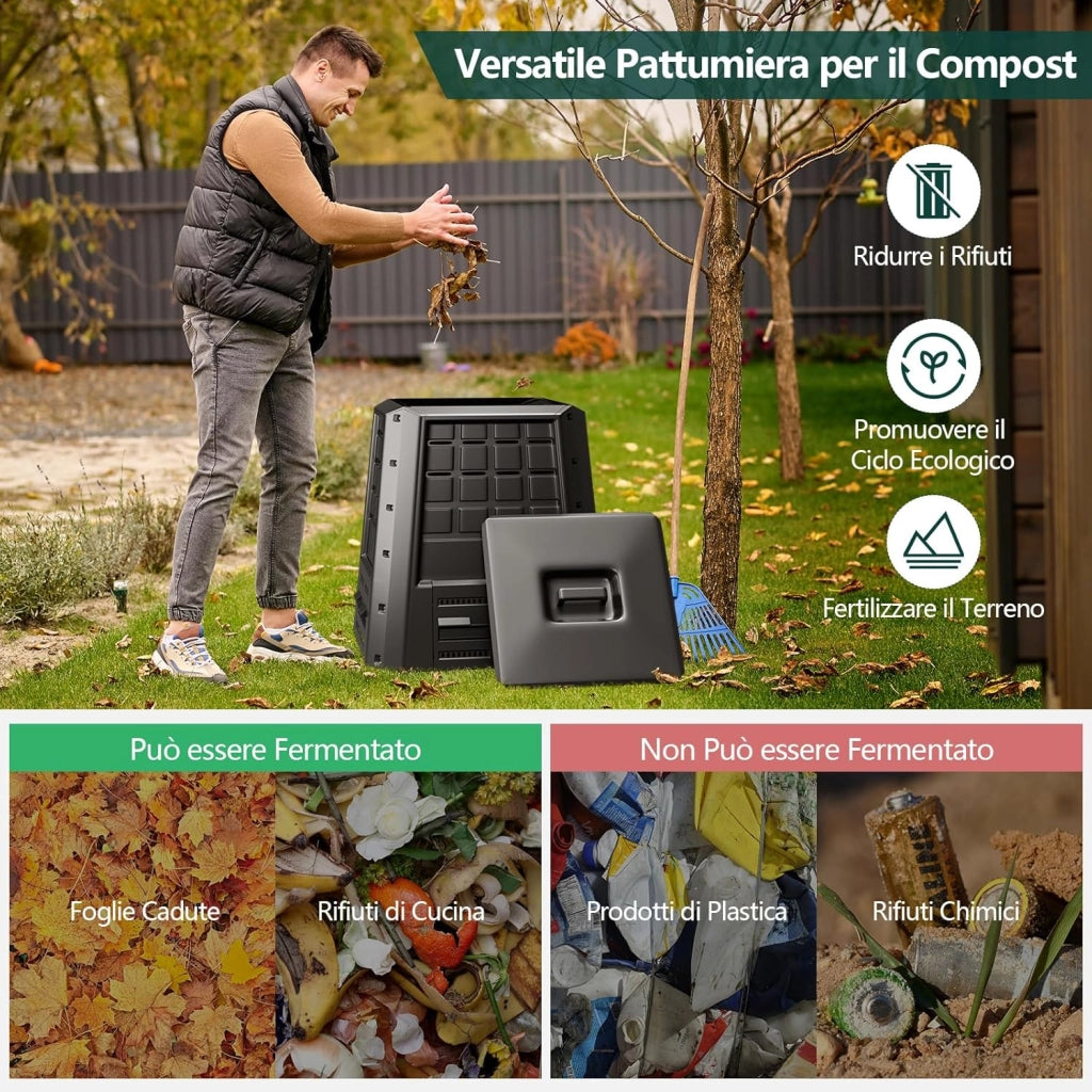 Compostiera da Giardino da 380L, Bidone per Compostaggio da Esterno con Coperchio e Prese d'Aria Regolabili, Barile per Compost per Creare Terreno Fertile Velocemente