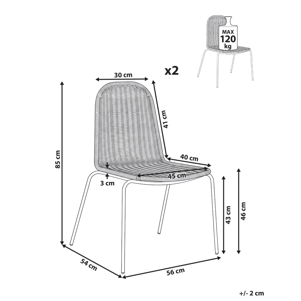 Set di 2 sedie da pranzo con seduta e schienale in rattan marrone scuro e gambe in ferro, senza braccioli