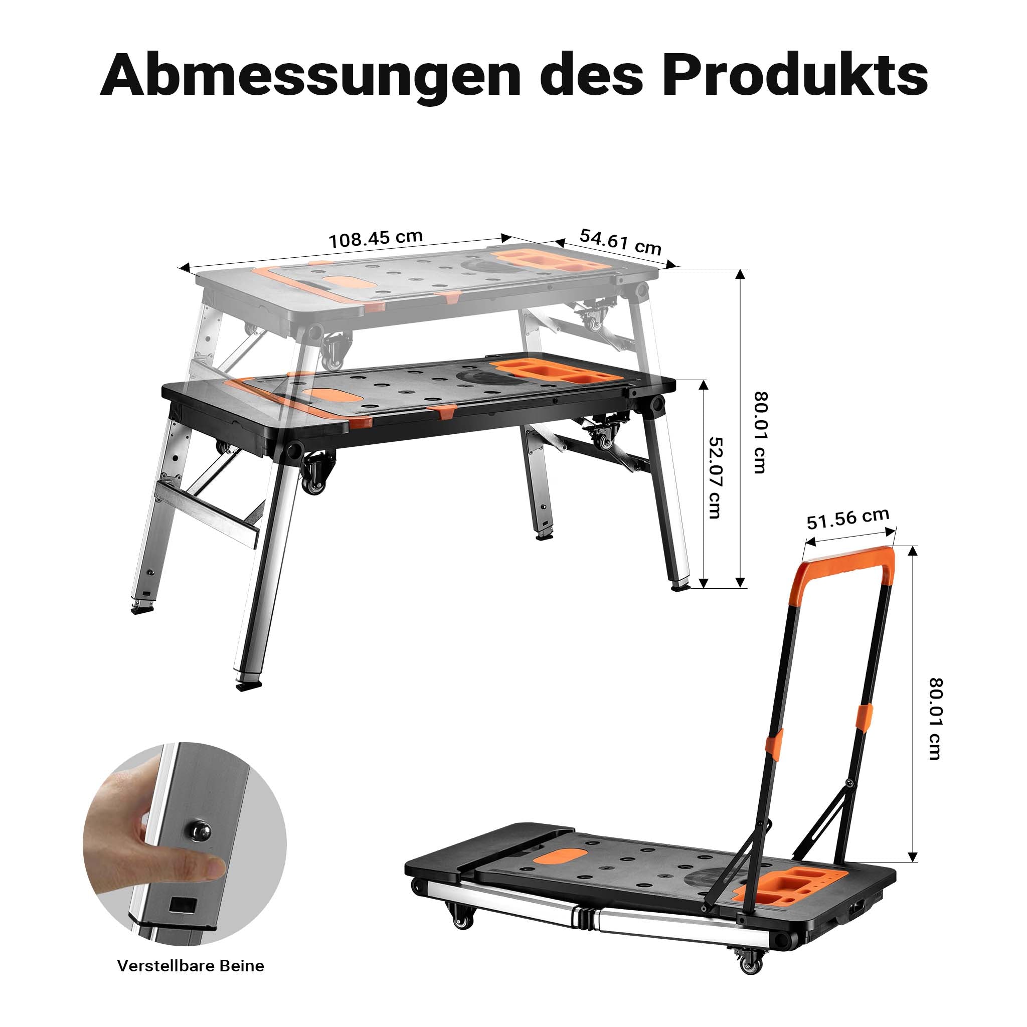 Banco da lavoro pieghevole 7 in 1, multiuso, cavalletto, impalcatura, carrello sotto auto, carrello a mano, con ruote, 108,5 x 55 x 52 cm