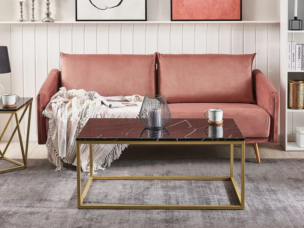 Tavolino da Caffè Nero Effetto Marmo Gambe in Metallo dorato 100 x 60 cm Rettangolare Industrial Glam