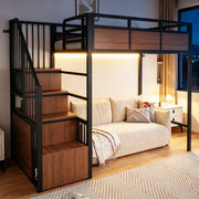 Letto a soppalco in metallo 90x200 cm con scala contenitore; LED e sponde di sicurezza; nero