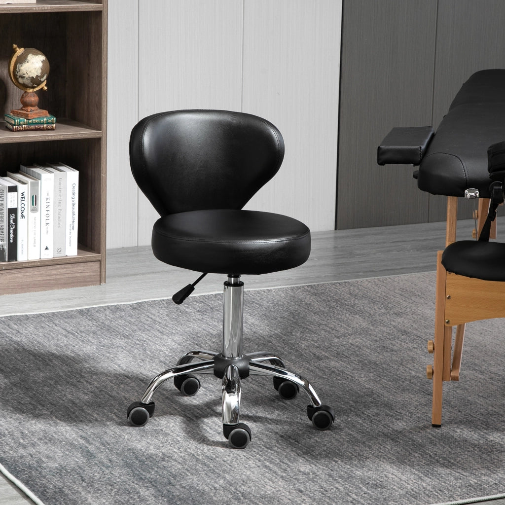 Sgabello da lavoro con rotelle e schienale ¨C Zephmum ¨C Struttura in metallo cromato, rivestimento nero, altezza regolabile 49-64 cm